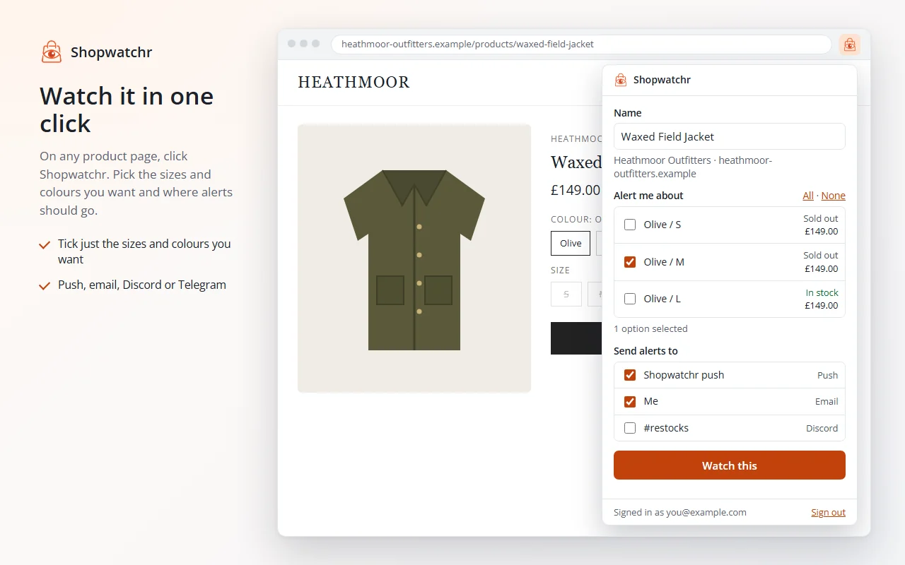 A shop's product page with the Shopwatchr extension open, showing sizes with their stock and price, alert choices and a Watch this button