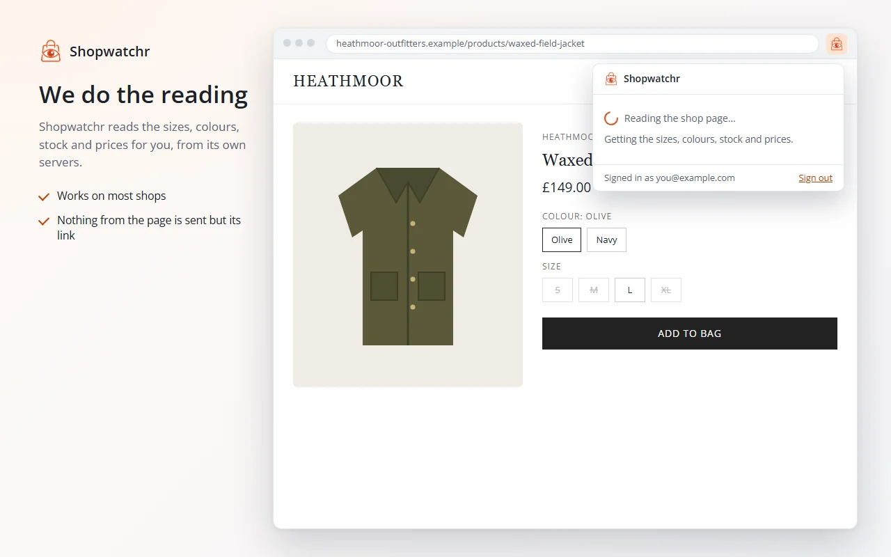 The extension showing 'Reading the shop page' while it gets the product's details