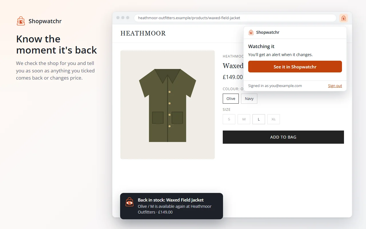 The extension confirming the product is being watched, and a 'Back in stock' alert