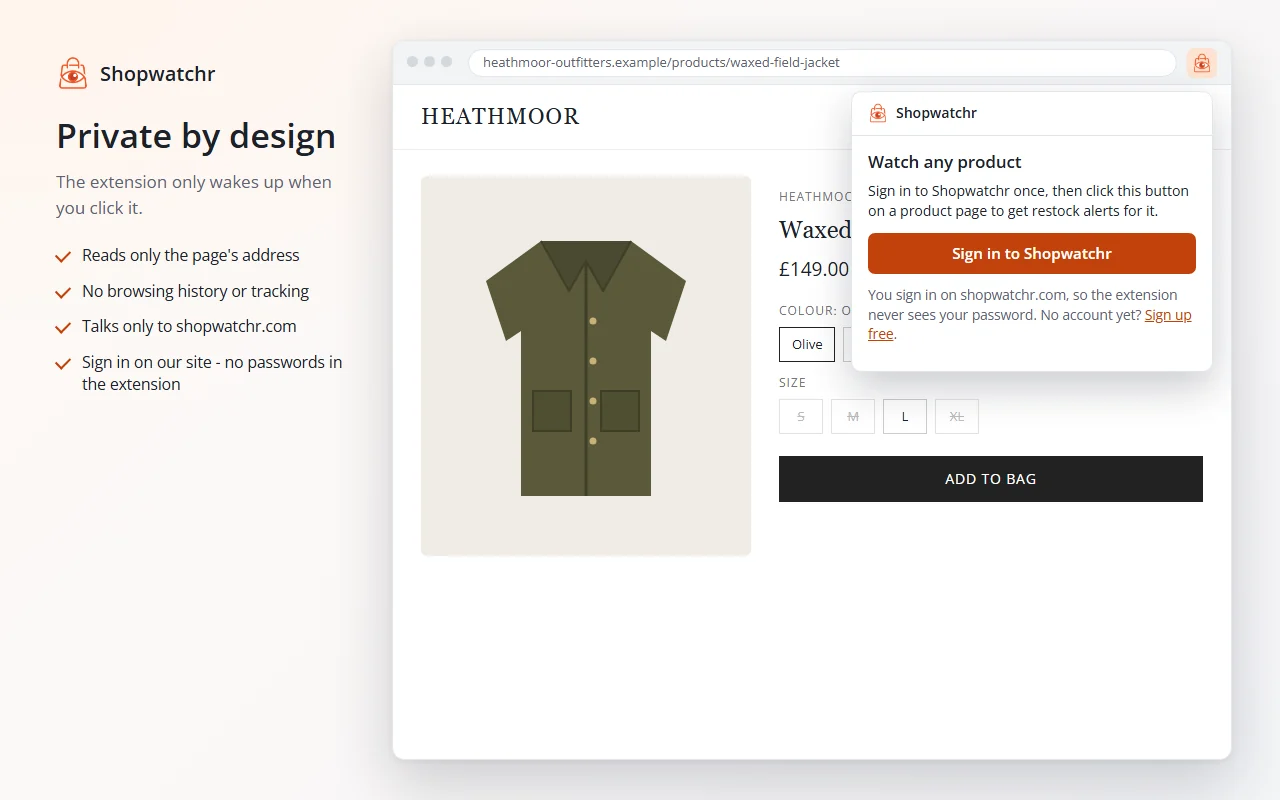 The extension's sign-in screen, explaining that you sign in on shopwatchr.com